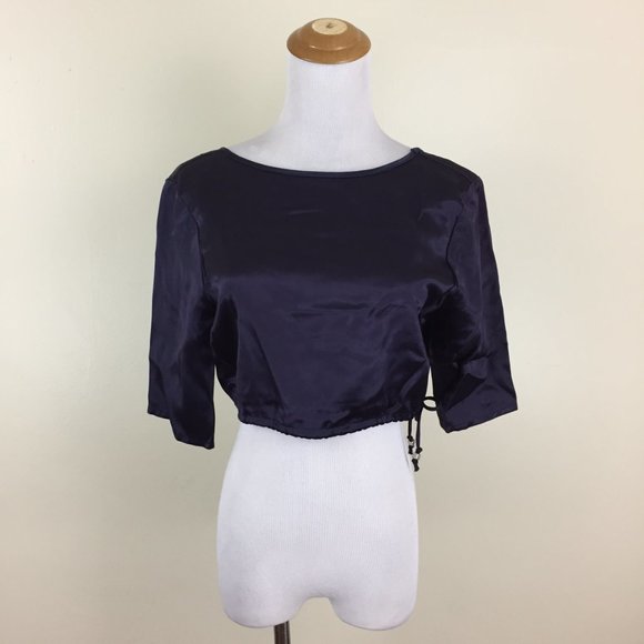 ODE TO JEUNE Dark Purple Sateen/Satin Drawstring Hem Cropped Shirt Top - Picture 4 of 9